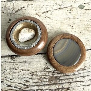 Artisan 4 Pcs Wood Tray & Bowl Set, Agate Coaster Cement Bowl Gold Insert Geode